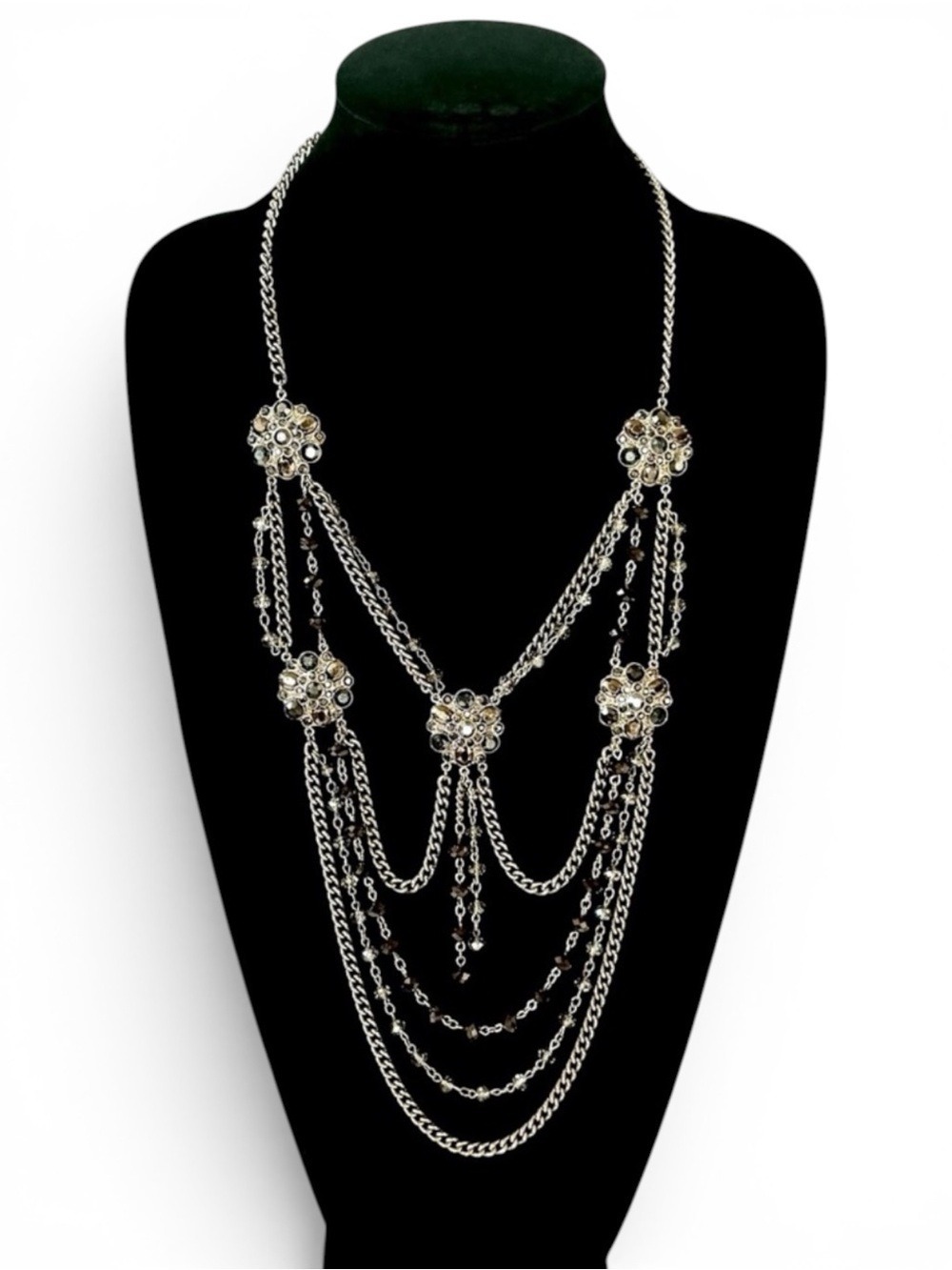 Silver Tone Multi Strand Crystal Chain Statement Necklace